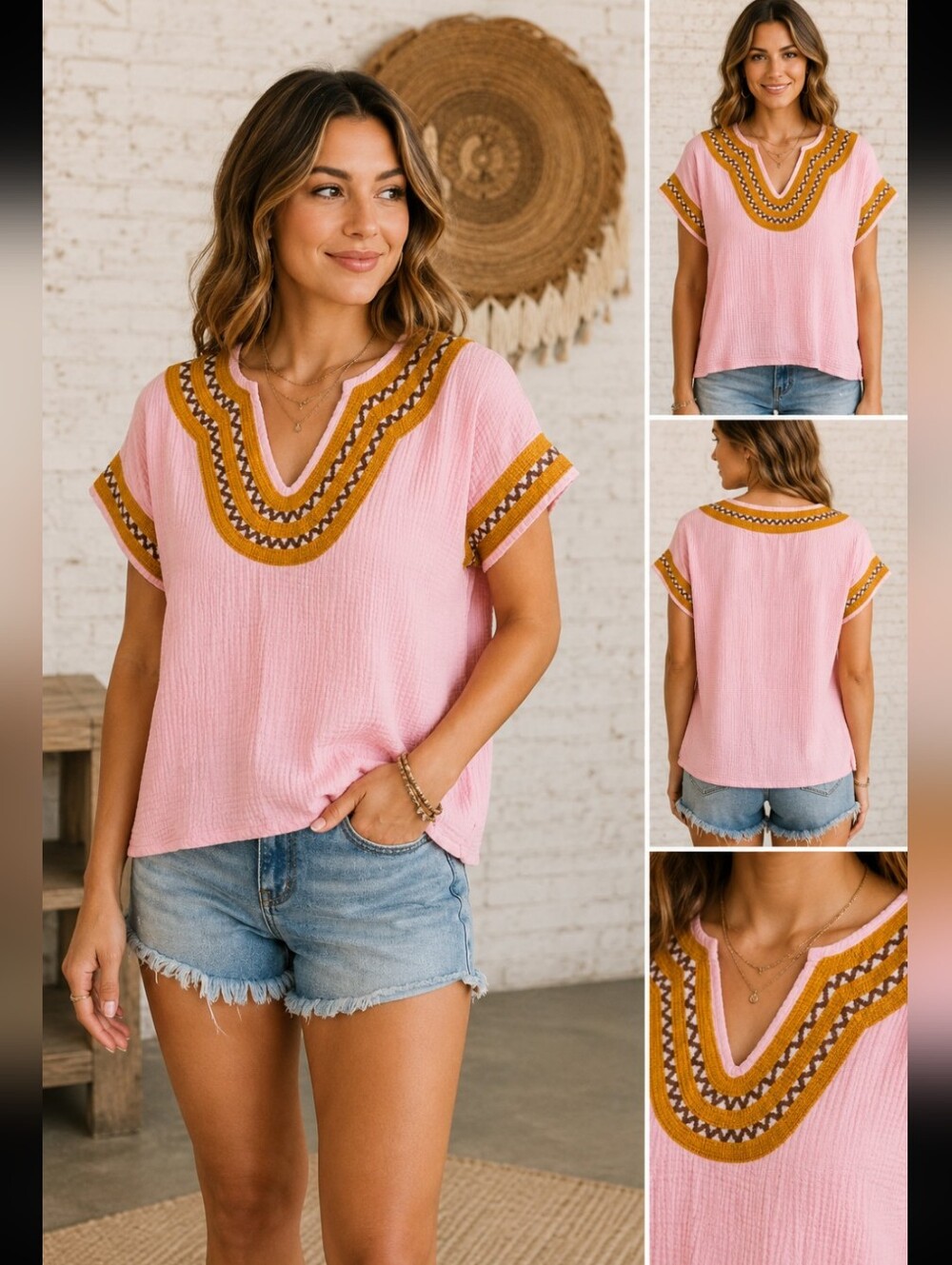 464-ivy jane Boho Embroidered Pink Women's Top with Mustard Trim 💯 Cotton